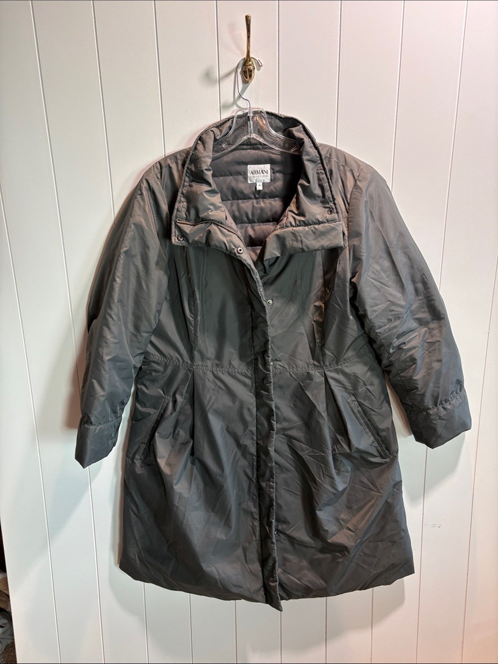 Armani Collezioni waterproof steel grey puffer jacket long length med weight 16